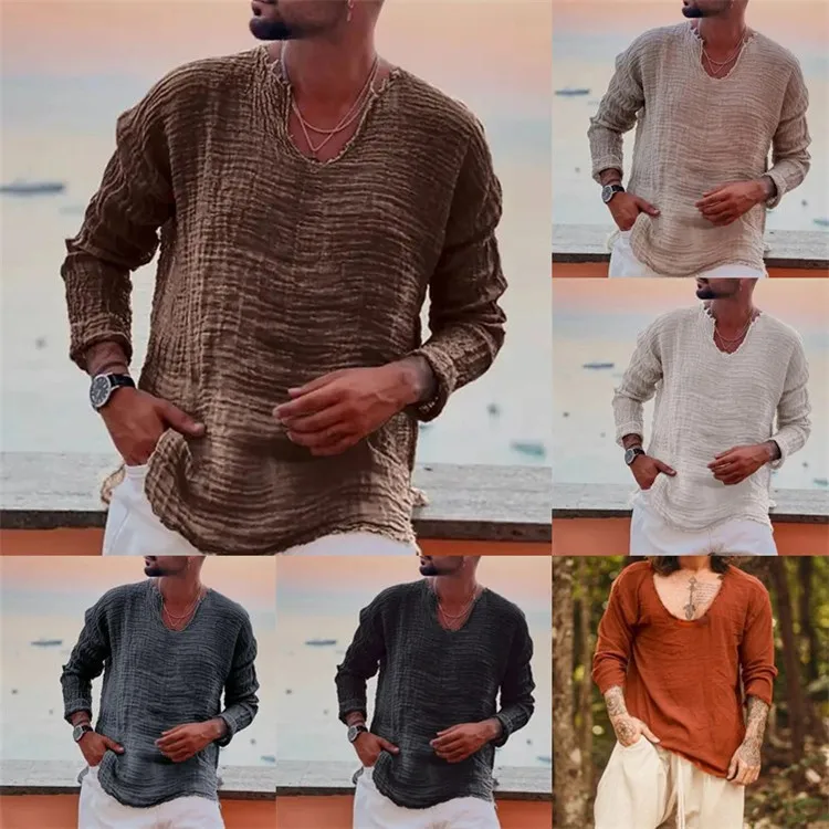 Trendy new spring and autumn men's fashion youth linen casual loose V-neck t-shirt washed frayed raw edge long-sleeved shirt image 2