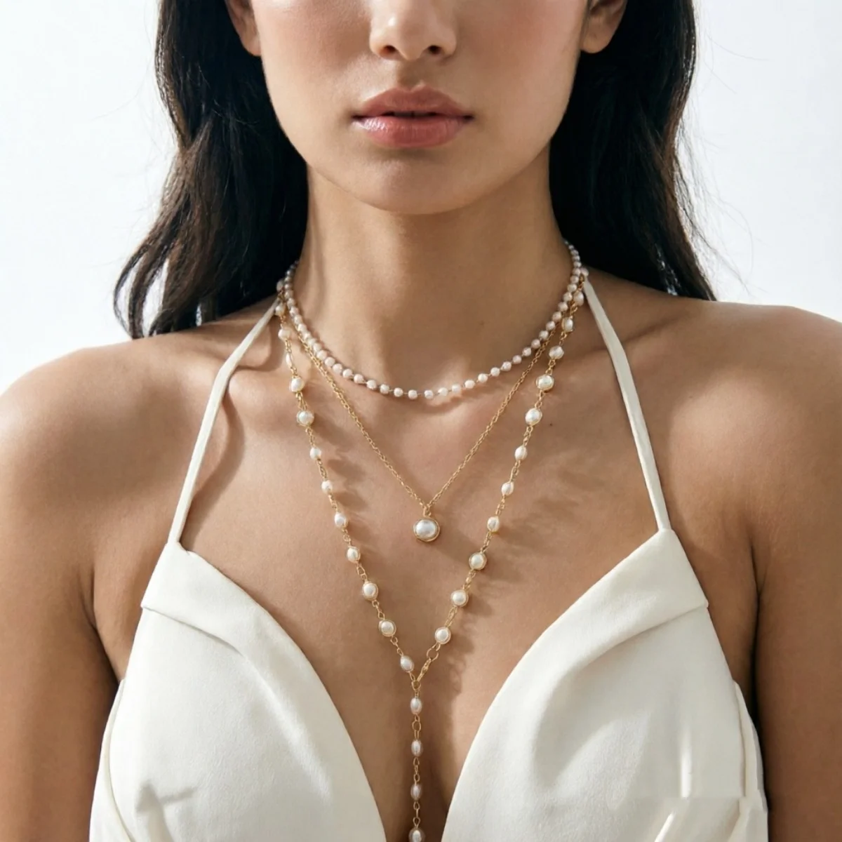 Vintage Elegante Simulierte Perlen-Halskette für Damen, Mehrschichtige Y-förmige Pulloverkette, Choker, Hochzeitsschmuck – Detail 19