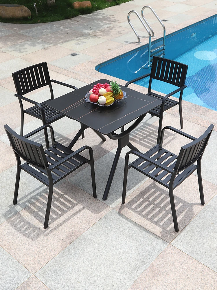 Simple combination of outdoor courtyard tables and chairs Villa terrace garden Leisure outdoor cast aluminum slate table