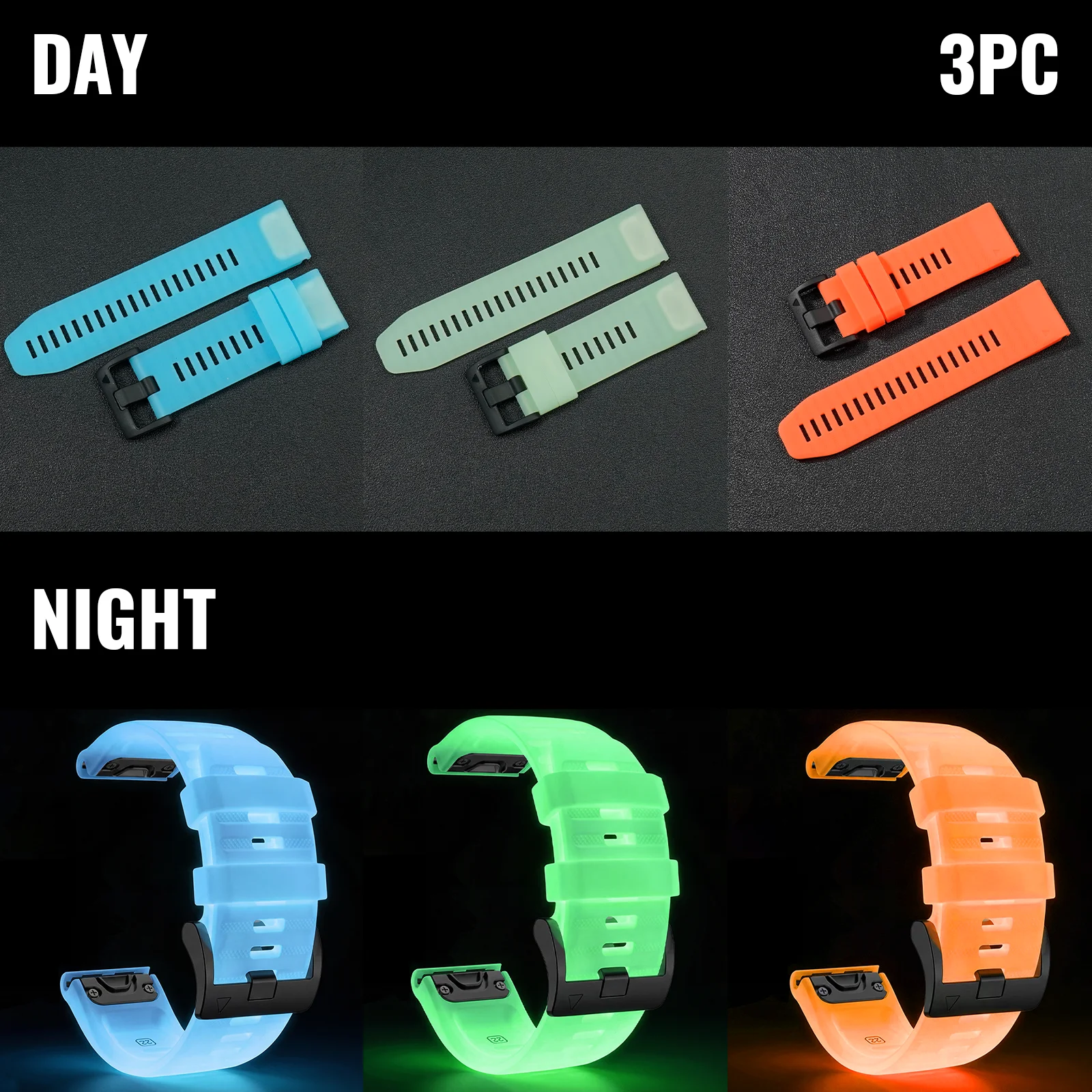 3 Stück, leuchtendes Silikon-Uhrenarmband 22/26mm geeignet für Garmin Fenix 6/6X/6X Pro/7X/5X/5X Plus/8(47/51mm) Alternatives Armband