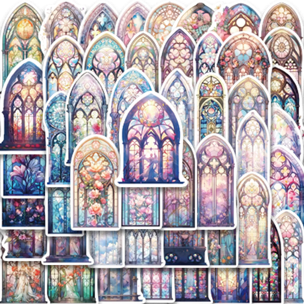 50PCS Purple Pink Church Glass Window Stickers for Wall Phone Case Scarpbook Static Cling Dacoration Waterproof Easy to Tear off