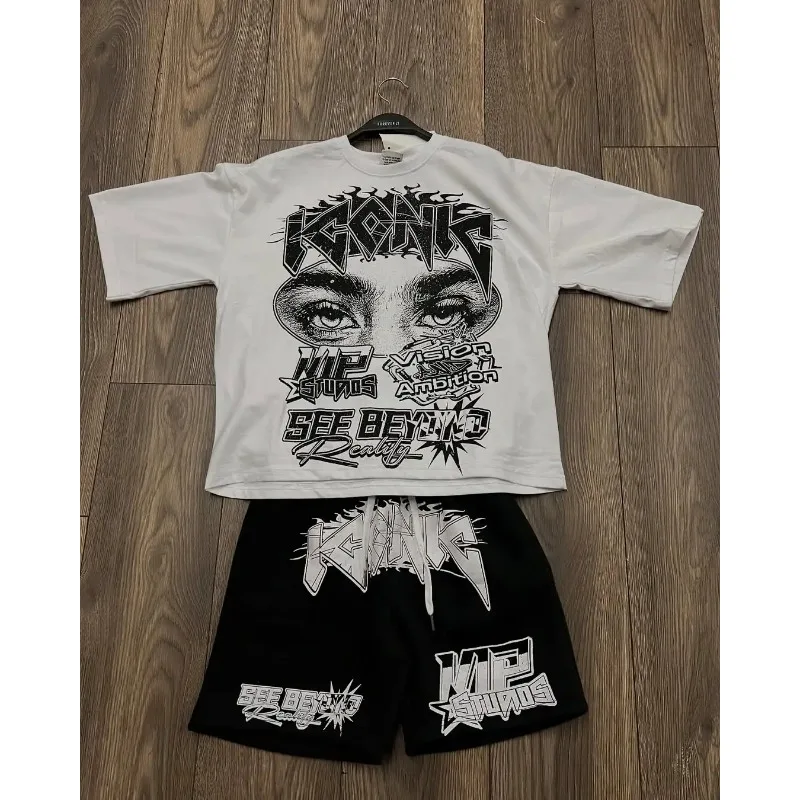

2025 New Fashion Cartoon 3D Printed Short Sleeve Y2K Retro Harajuku Loose Shorts Set for Men's Hip Hop Gothic Casual Street Wear