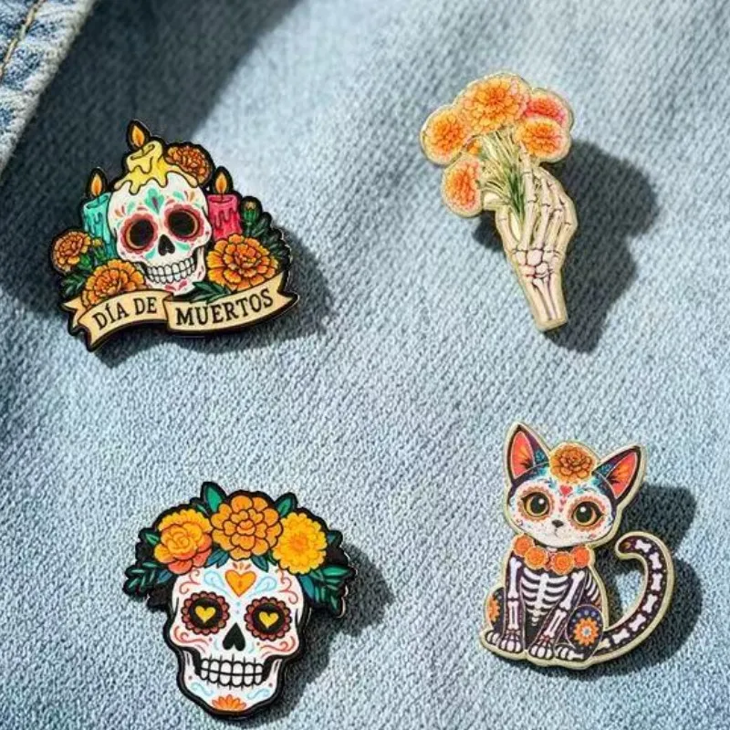 Day of the Dead Lapel Pin Brooch - Mexican Sugar Skull & Skeleton Hand/Cat/Candle/Crown Design Suitable for Jackets Backpacks