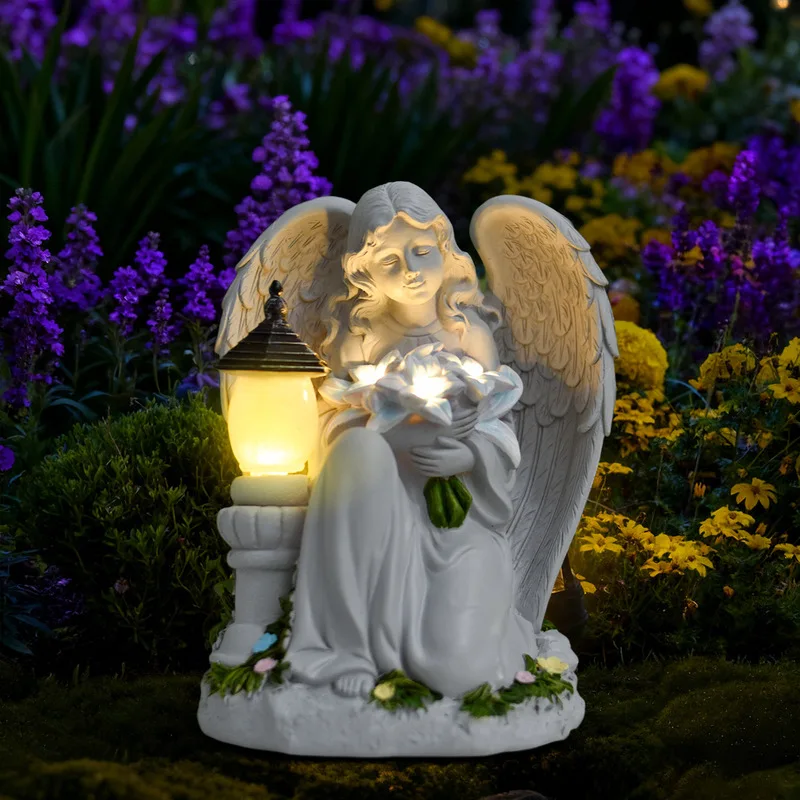 Solar Powered Praying Angel Resin Statue Outdoor Garden Light Ornament Waterproof Angel Sculpture Yard Lawn Balcony Decor Gift