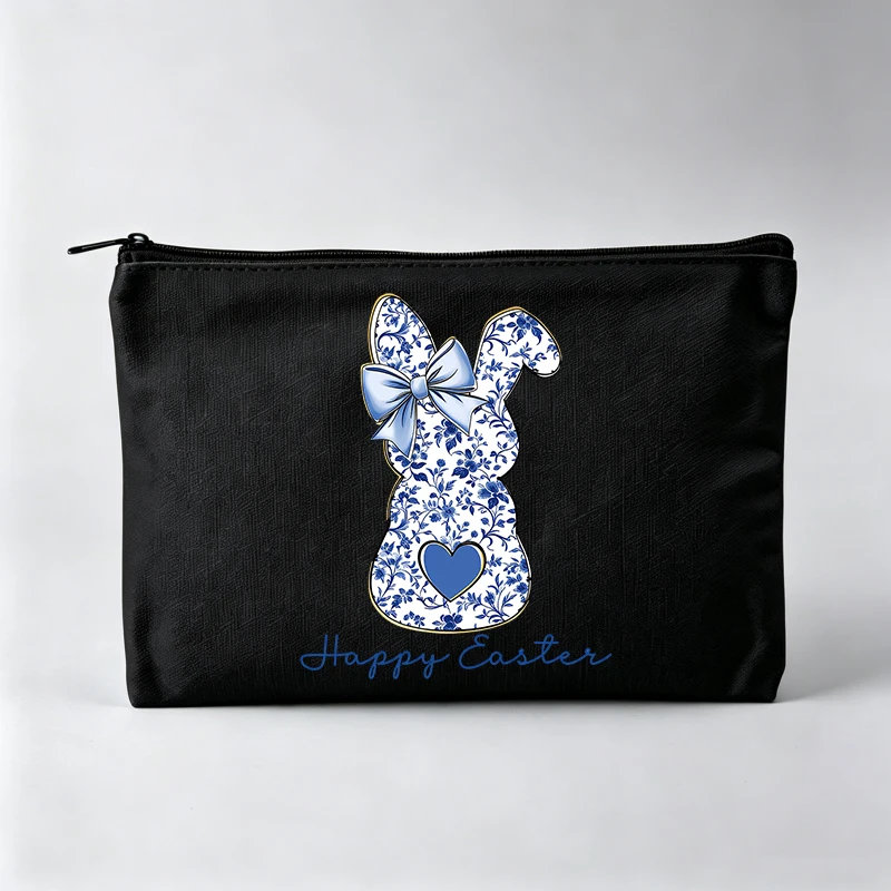 Women's Blue Floral Rabbit Print Makeup Bag with Bow, Zipper Cosmetic Pouch for Easter Gift