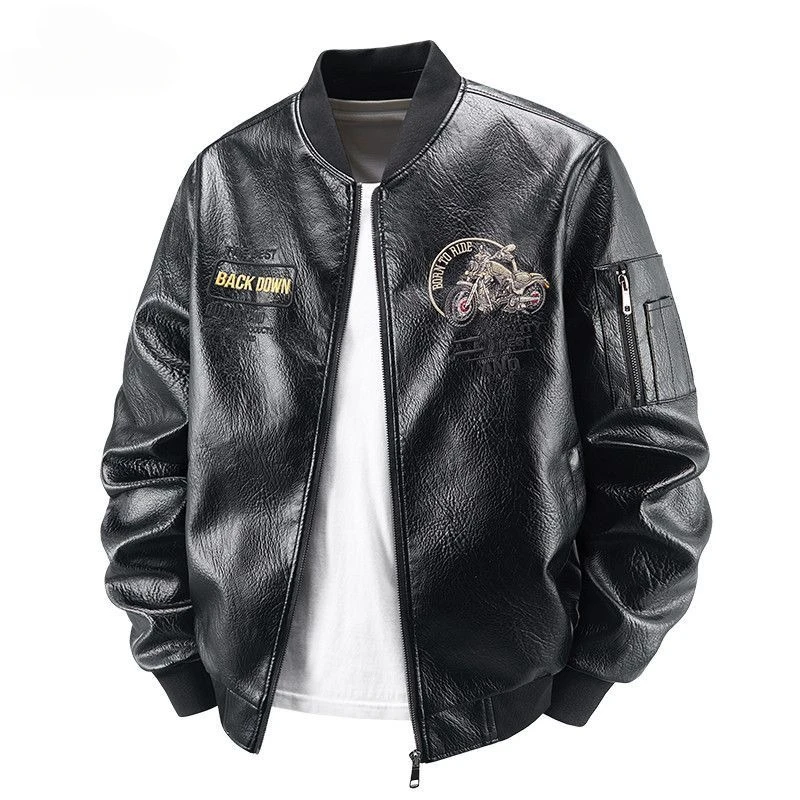 Y2k Vintage Men's Leather Jacket Embroidered PU Leather Fashion Slim Fit Motorcycle Jersey Street Style Hip Hop Men's Clothing