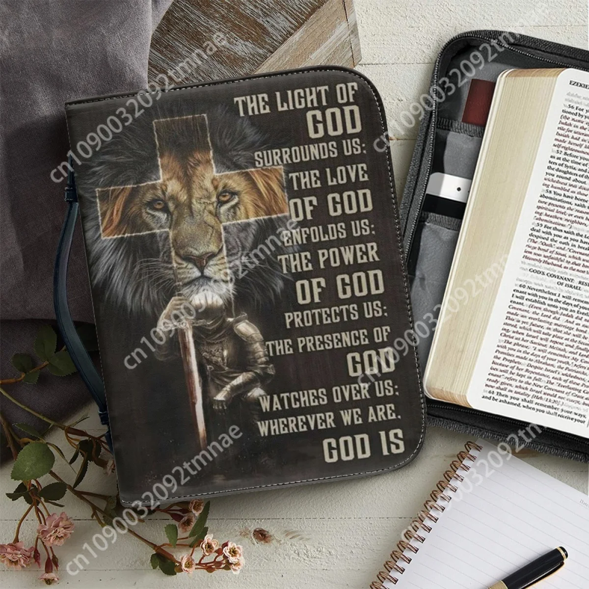 Classic Lion Bible Verse Sentence Custom Bible Cover Case for Women Leather Zippered Handle Handbag Study Book Holy Storage Boxe