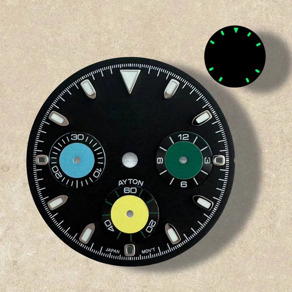 29.5mm S Logo panda colorato DTN quadrante a tre occhi adatto al movimento VK63 verde luminoso quadrante di alta qualità accessori per la modifica dell'orologio