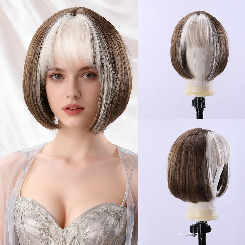 

Белая челка, черная повязка на голову, синтетический парик с короткими волнами - 1 свободная волнистая сетчатая шляпа розового цвета для женщин, повседневный ярко-коричневый