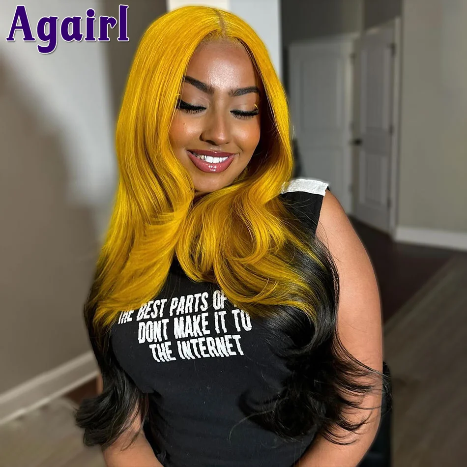 

Ombre Half Yellow Half Black 13x6 13x4 Lace Frontal Body Wave Human Hair Wigs Transparent 6X4 Lace Closure Wigs for Women 200%