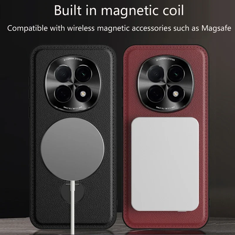

For Wireless Charging Phone Case for OPPO F27 F29 Pro Plus 5G Metal Ring Holder Anti-Drop Soft Leather Back Cover Cases