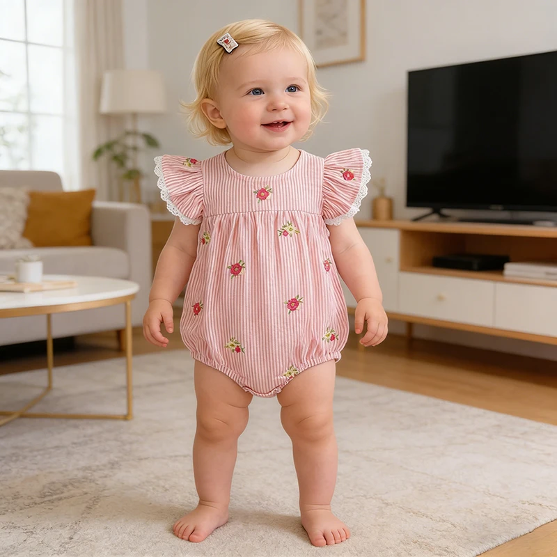2026 Sommer 0-24M Baby Mädchen Flügelärmel Baumwolle Stickerei Baby Body 2-6 Jahre Süße Partykleider Schwesterkleidung – Detail 24