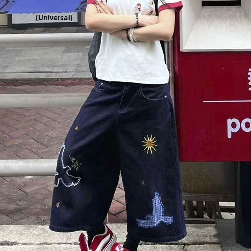 

Ретро-джинсовые шорты с вышивкой в американском стиле, летние, новые, уличные, в стиле хип-хоп, свободные, широкие, модные