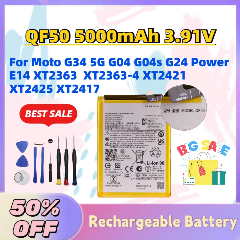 

Hot Sale QF50 5000mAh 3.91V Mobile Phone Battery for Moto G34 5G G04 G04s G24 Power E14 XT2363 XT2363-4 XT2421 XT2425 XT2417