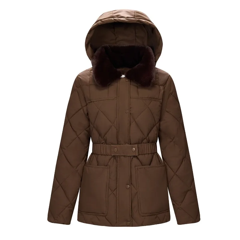 Fashion New Women's Quilted Puffer Coat Faux Fur Collar Hooded Zip Up Belted Winter Jacket Thick Warm Trendy Casual Outerwear