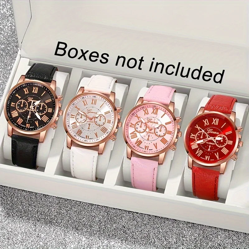 

Модный комплект кварцевых часов для женщин из 4 предметов — элегантный круглый циферблат, подходящий для повседневного использования и особых случаев.