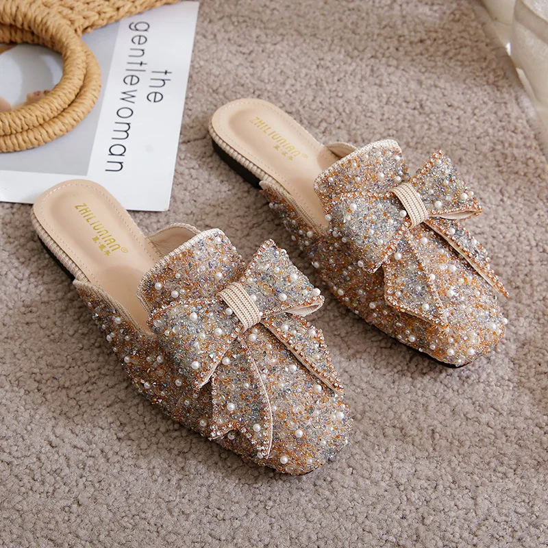 Damskie luksusowe pantofle z kryształu górskiego dekoracyjna kokarda sandały plażowe Slides Soft Fashion Casual Mullers buty damskie 36-43 QC1131