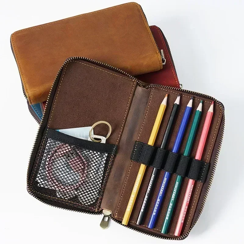 Zipper Retro Pen Pouch Leather Pencils Case For School Students Cowhide Men Pencil Bag with Pens Slots