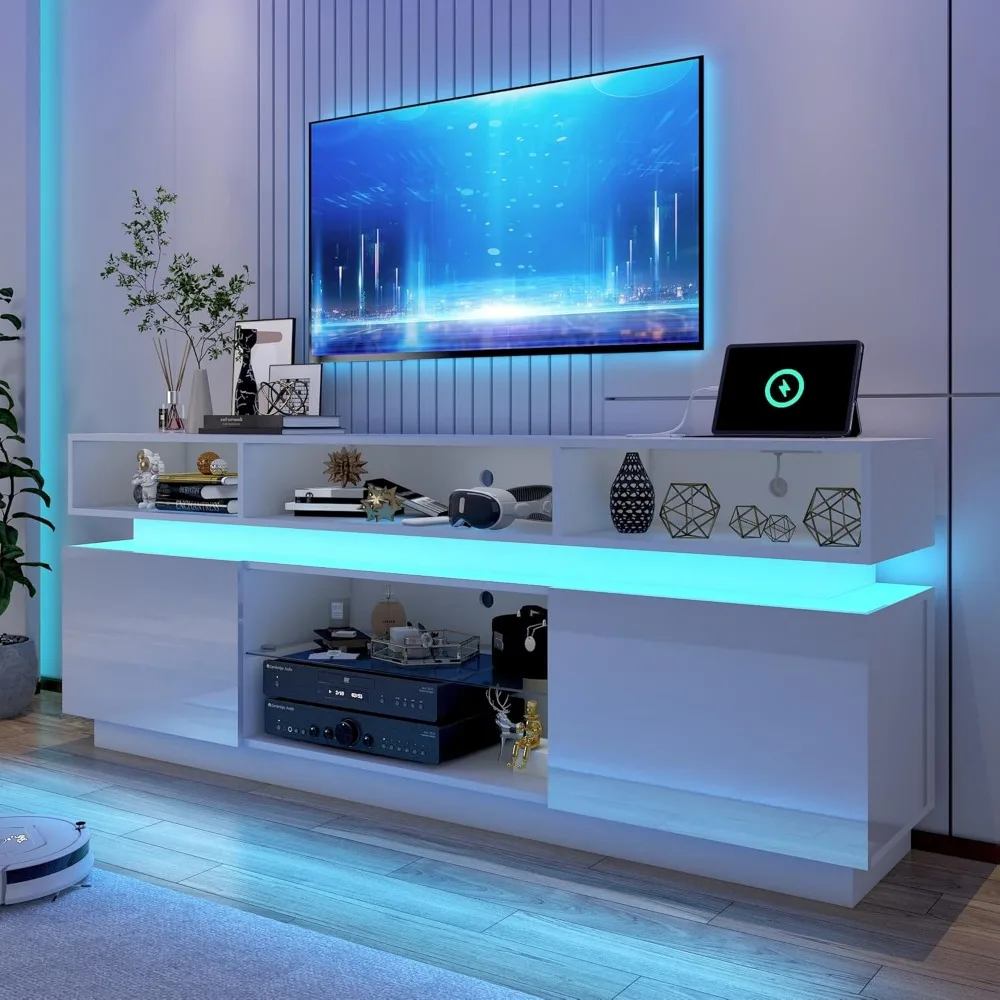 مركز ترفيه معاصر طويل القامة لأجهزة تلفزيون LED مقاس 75 بوصة، وحدة تحكم وسائط حديثة عالية اللمعان مع منافذ طاقة، وحامل تلفزيون للألعاب #6