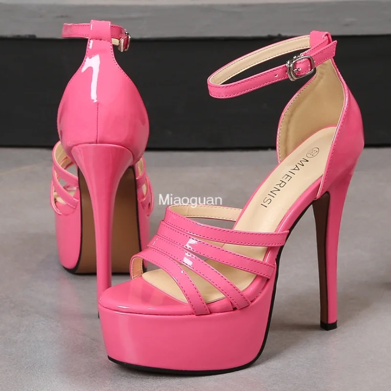 Red Pink Model Dress Shoes Sexy Nightclub Large Size Platform Women Summer High Heel Stiletto Patent Leather Ankle Strap Sandals