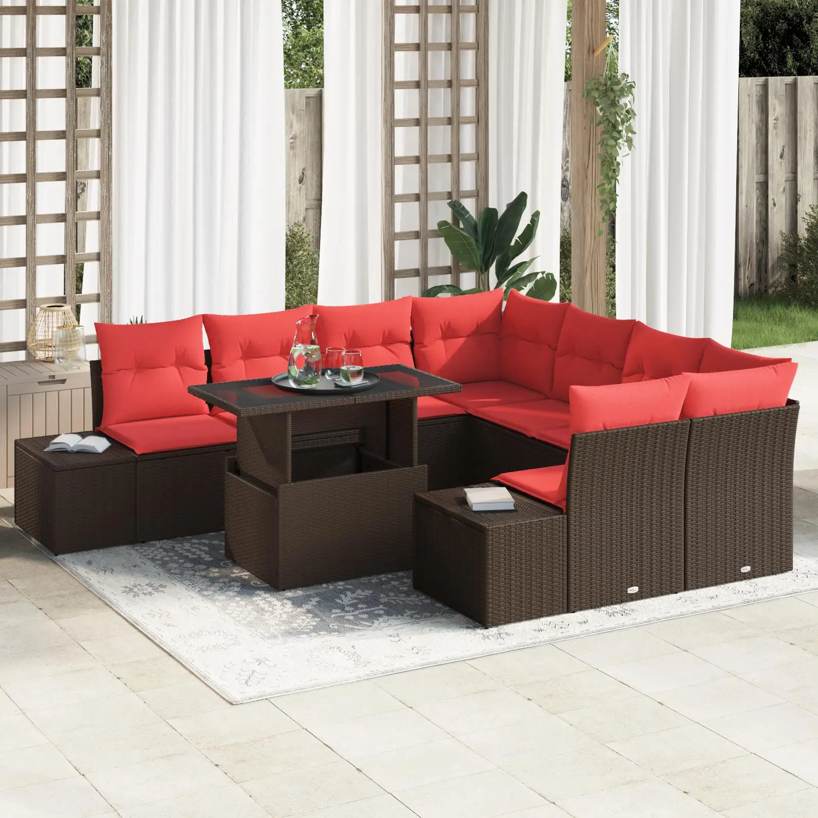 

9 Piece Brown Poly Rattan Garden Sofa Set with Cushions Outdoor Patio Furniture