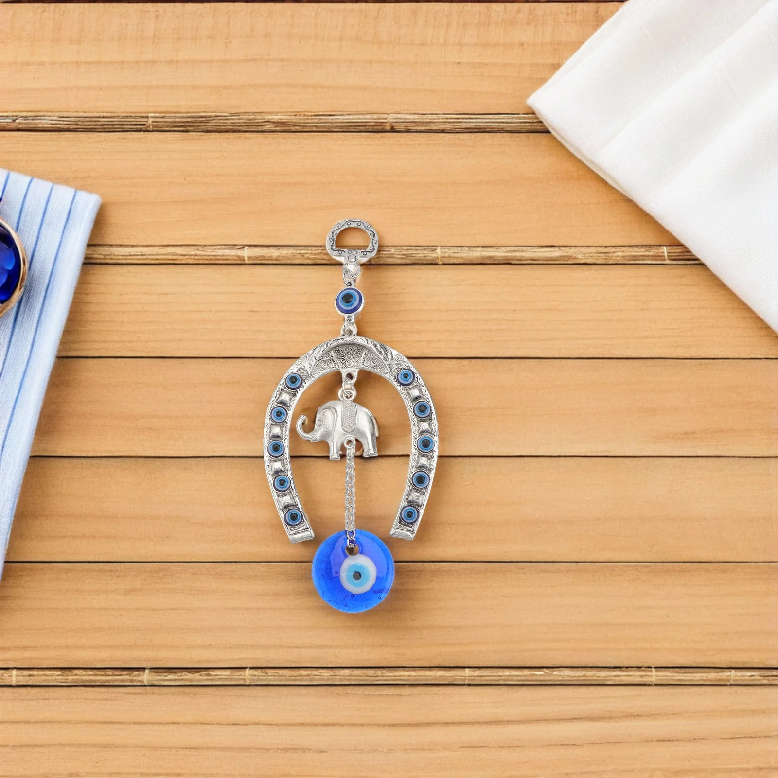 

Elephant Hanging Ornament Blue Eyes Pendant Lucky Horseshoe Evil Eye Alloy Decor Home Office Necklace Wall Mounted Charm
