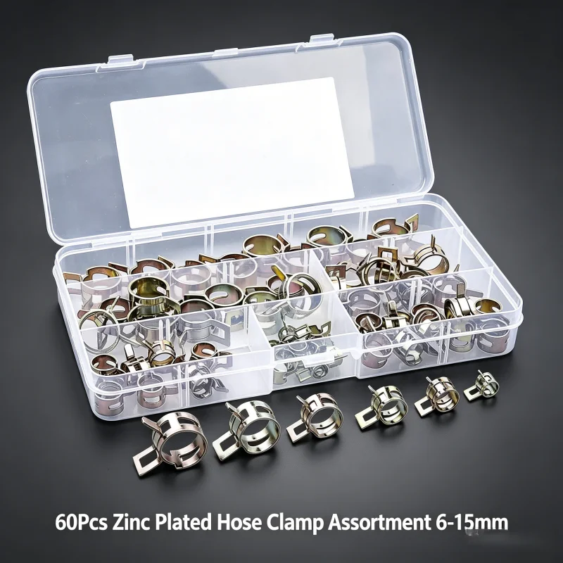 60 pieces of 6-15mm spring hose clamps or pliers, zinc-plated d Gas Water Hose Clamp Metal Tools Assortment Kit