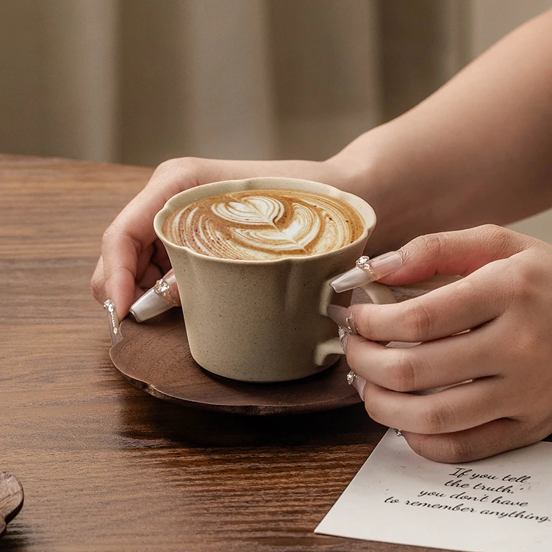 200ml High Beauty Ceramic Coffee Cup Wooden Dish Concentrate Retro High End Exquisite Household Women's Personal Cup Plate Set