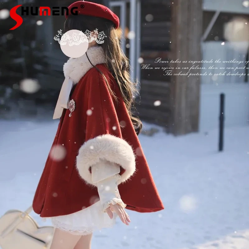 

Japanese Style Sweet Cute Ladies Energetic Cloak Original 2026 New Year Red Woolen Cape Single-breasted Coat Women's Furry Top