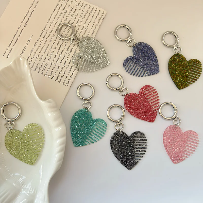 Unique Luxury Heart‑Shaped Hair Comb Keychain,Glitter Sequins Car Bag Hanging Ornament,DIY Accessory for Car Pendant Decoration