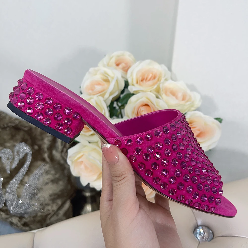 

Luxury Rhinestone Slippers Round Toe Open Toe Low Heel Women's Shoes Fashion Party Banquet High Quality African Shoes