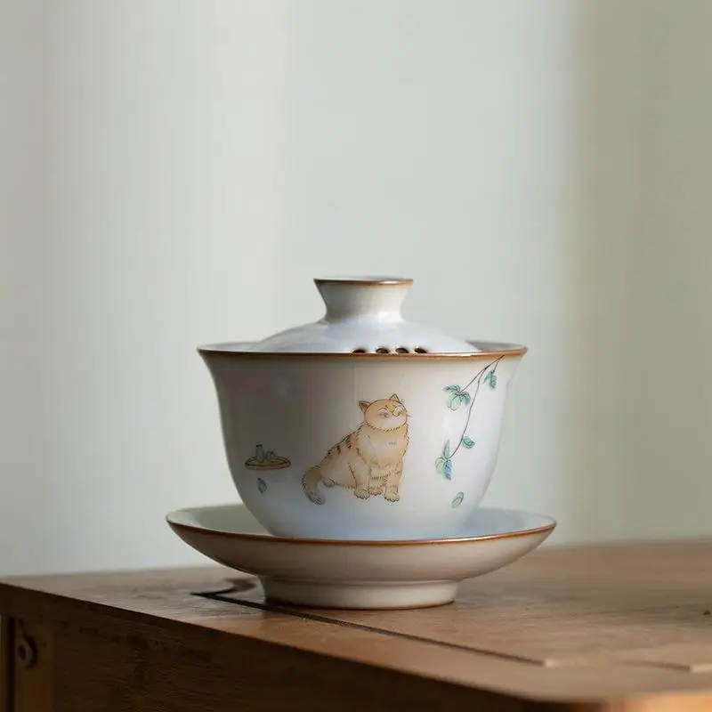 Cat Moon White Ru Kiln Three-Talent Covered Bowl with Open Pattern, Nurturable Ceramic Kung Fu Tea Set, Tea Brewing Bowl, Tea Ma