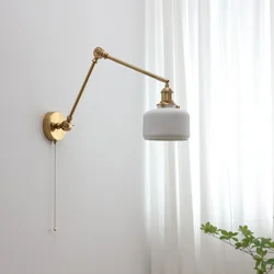 Nordic Pull Chain Switch LED Wall Light Sconces Up And Down Swing Long Arm Brass Ceramic Shade Modern Bedside Lamps Home Decor