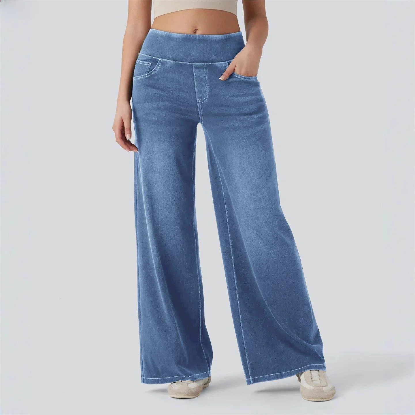 

High Waist Loose Zipper Wide Leg Pants Slimming Women's Jeans Long Trousers Faionable Casual Wear for Adults in Winter