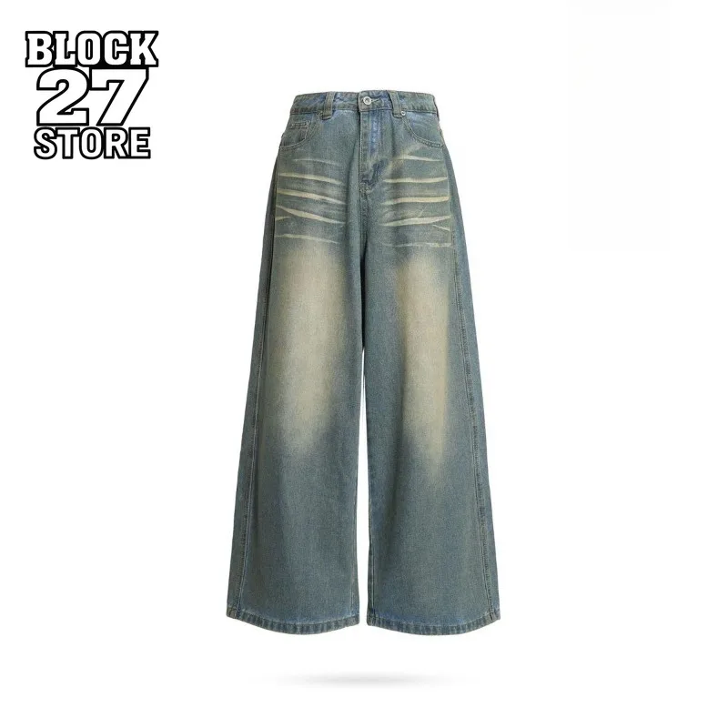 

Мужские джинсы Harajuku, винтажные потертые карманы, прямые джинсовые брюки с высокой талией, свободные широкие брюки длиной до пола, повседневные новые