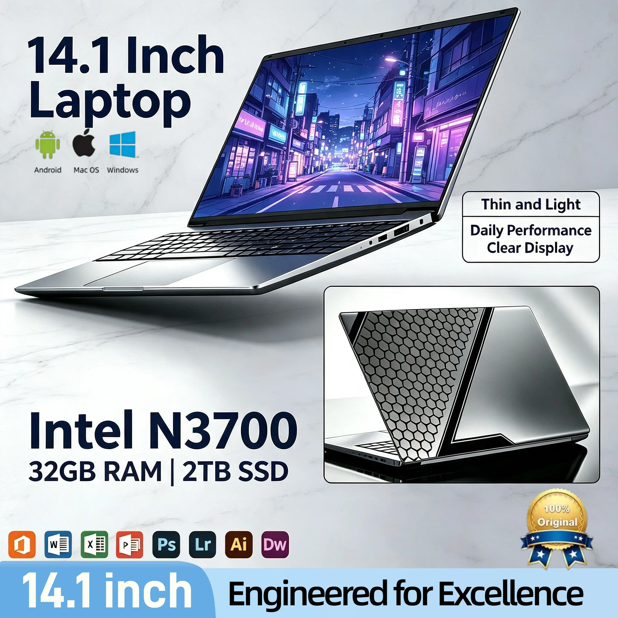 Intel N3700 14.1 Inch Laptop 4C4T 1.6GHz Base 2.4GHz Turbo 16GB RAM 2TB SSD Ultra Slim Gaming Pro High Performance Core