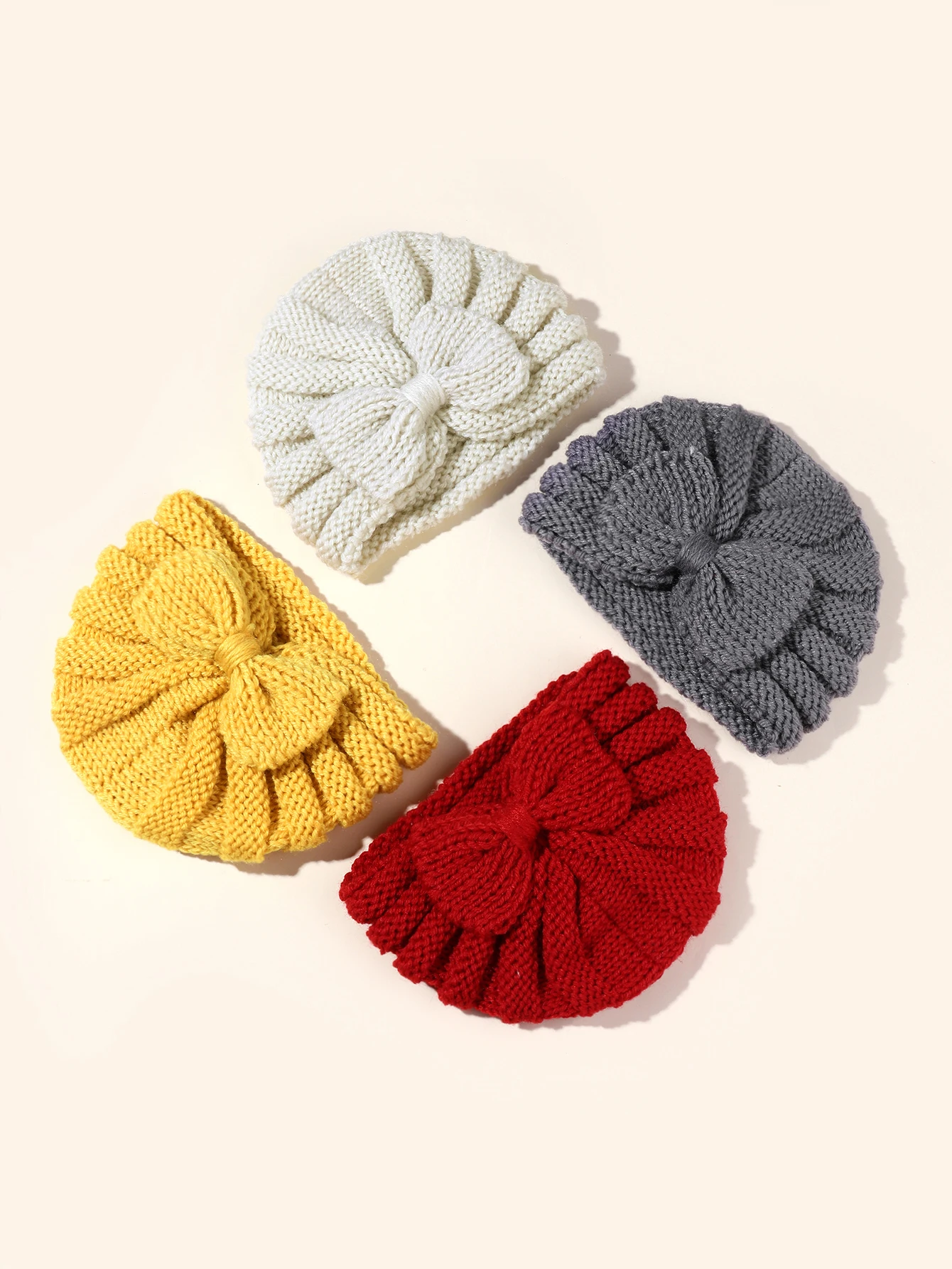 4pcs Bow Knit Baby Hat Girls Boys Elastic Bonnet Autumn Winter Warm Turban Hats Solid Color Woolen Cap Kids Accessories