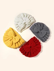 4szt Bow Knit Baby Hat Girls Boys Elastic Bonnet Autumn Winter Warm Turban Hats Solid Color Woolen Cap Akcesoria dla dzieci