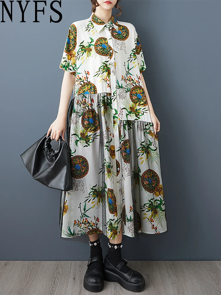 NYFS 2025 Letnia luźna sukienka damska plus size Sukienka z siateczki Sukienka z krótkim rękawem Długa sukienka z nadrukiem Odzież damska