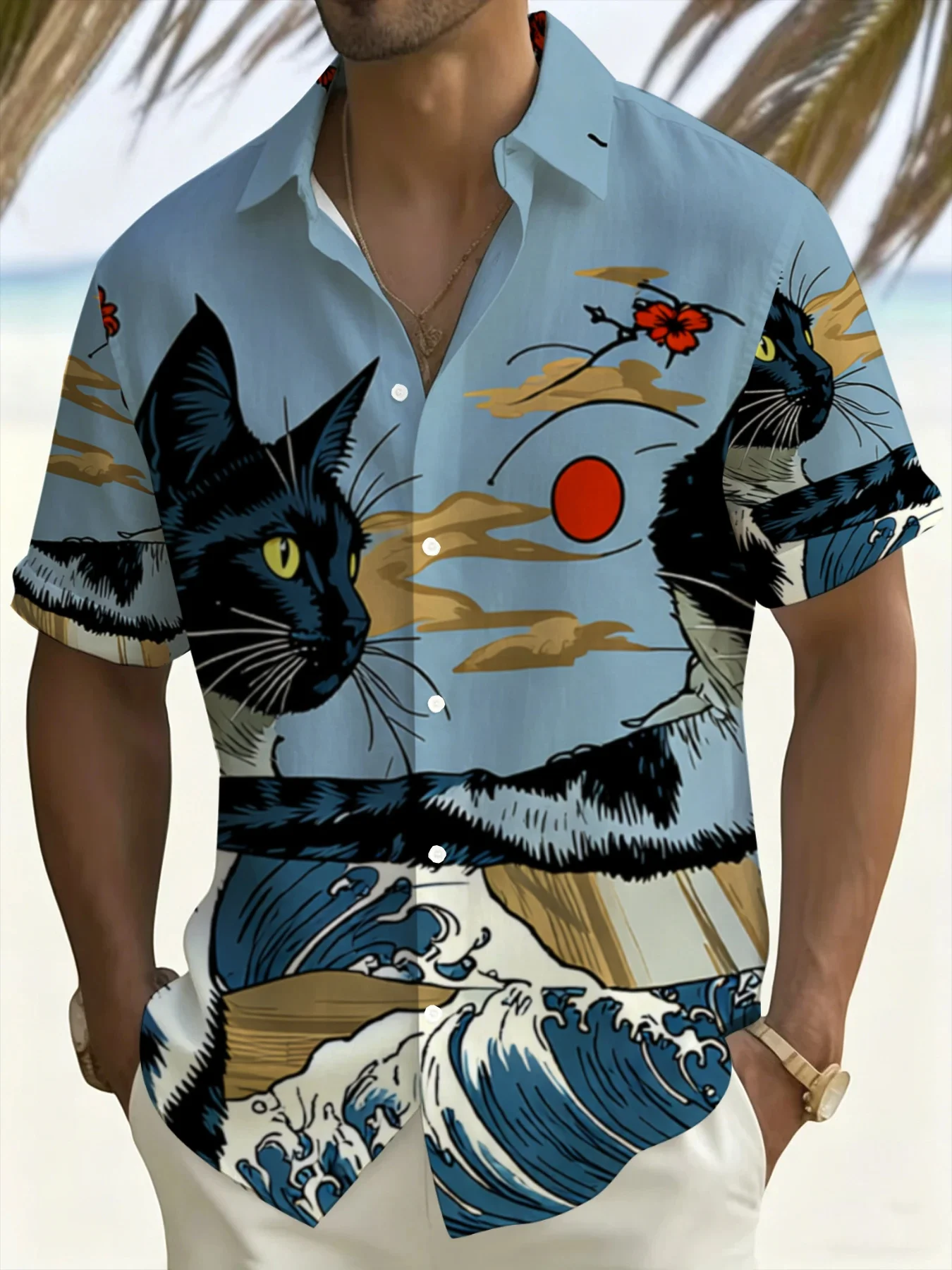 Men Hawaiian Short Sleeve Shirt Ukiyo‑e Black Cat Sun Cloud Floral Camp Collar Vacation Tops
