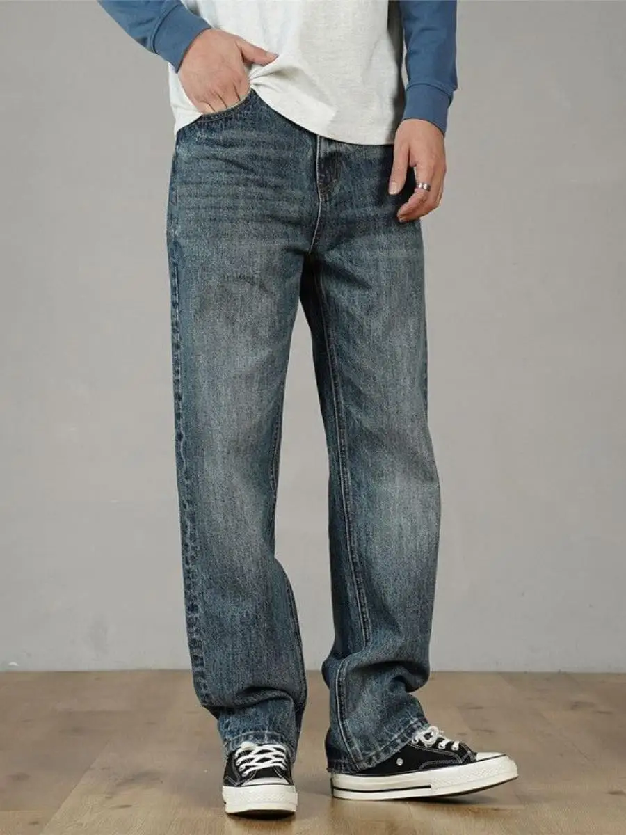 

American Style Men's Casual Straight Leg Jeans Retro New 2026 Loose Fit Classic Blue Denim Pants for Autumn Winter