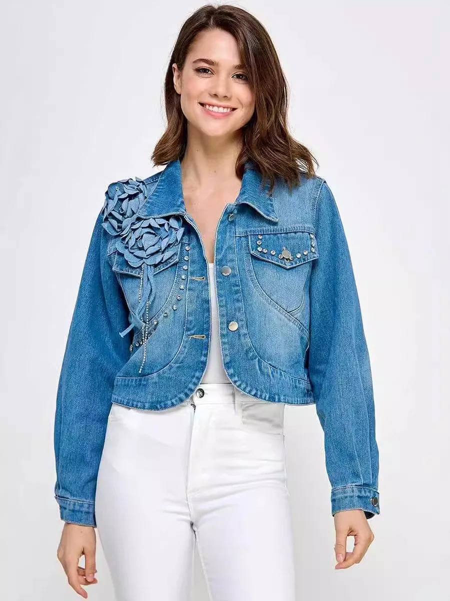 

European Steet Cropped Denim Coat Women's Beaded Top 2024 Spring Autumn Short Washed Blue Jean Jacket Ropa De Mujer