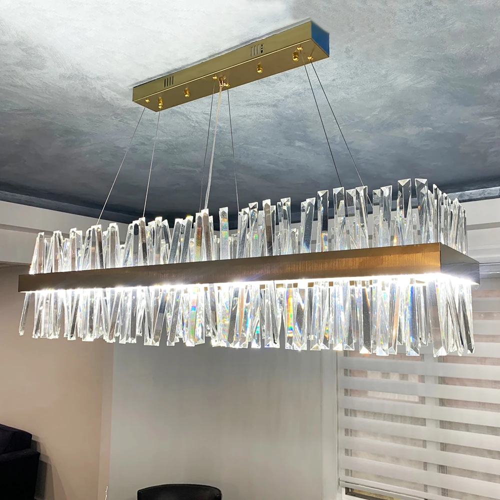 

Modern Hanging Chandelier For Dining Room Luxury Rectangle Kitchen Island Crystal Lamps Chrome/Gold Led Home Decor Light Fixture