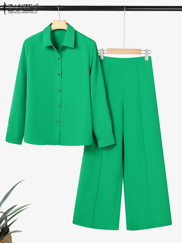 

ZANZEA Весенне-осенние женские комплекты из 2 предметов, дневная одежда, рубашки с длинными рукавами и широкие брюки, костюмы из 2 предметов, повседневные комплекты брюк для поездок на работу