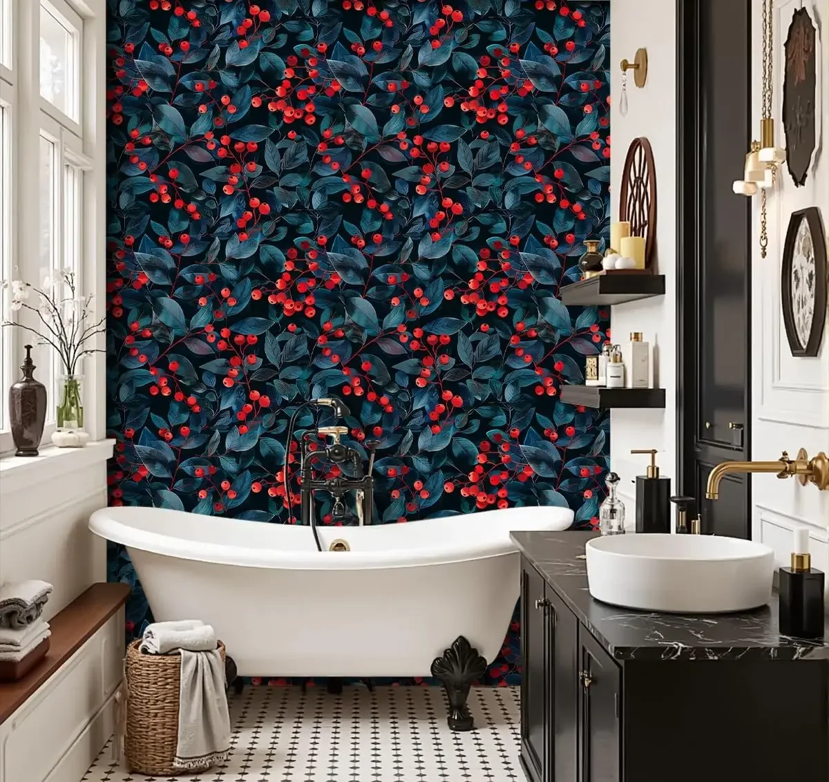 Peel and Stick Wallpaper Red Berry Botanical Self Adhesive Dark Floral Contact Paper for Accent Wall Winter Holiday Decor