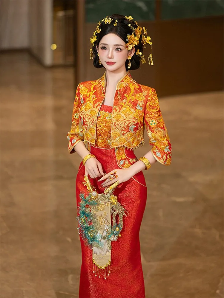 Bride's Chinese-style wedding dress luxurious toasting cheongsam dragon and phoenix gown