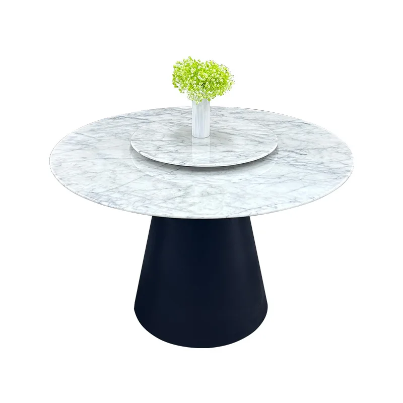 

Cream style white natural marble dining table round dining table with turntable small apartment