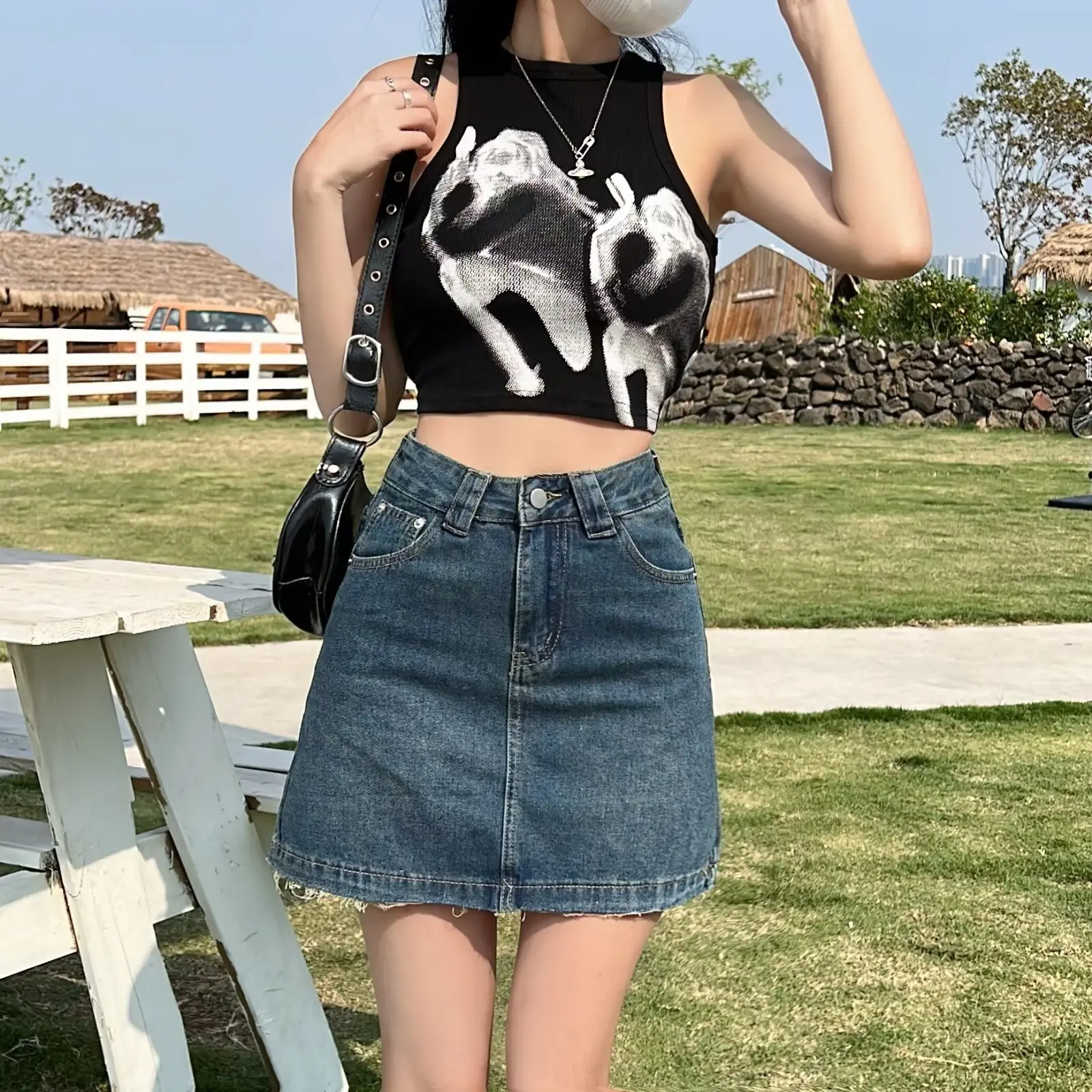 New style denim short skirt for spring and summer, women with high waist, small stature, versatile A-line skirt