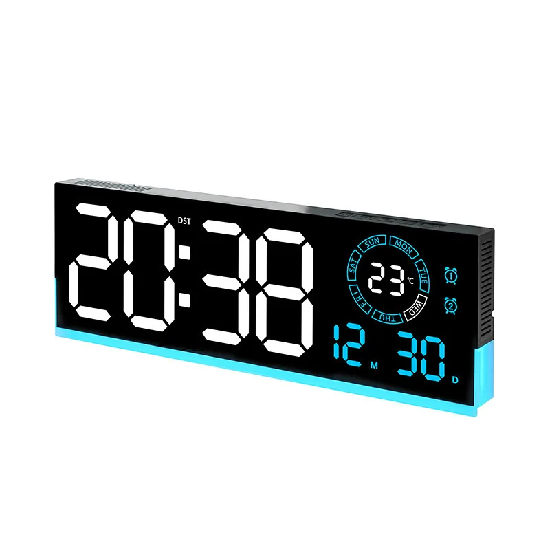 Grote digitale wandklok met 8 kleuren sfeerverlichting, afstandsbediening, timer, datum en temperatuurweergave, 10 helderheidsniveaus, LED-wekker voor de woonkamer