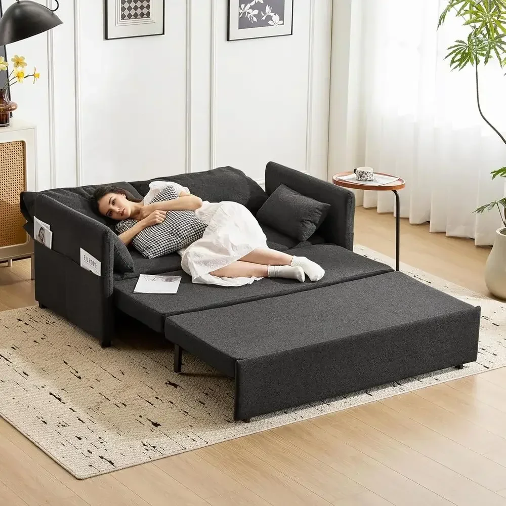 Queen Size Sleeper Sofa with Pull-Out Bed, 3-in-1 Convertible Loveseat, 6-Position Adjustable Backrest, Linen Fabric Couch for L